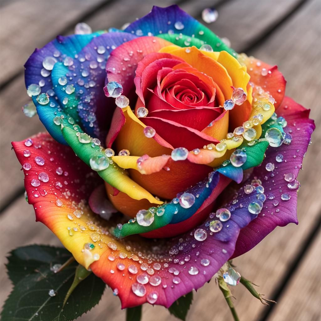 Rainbow Rose with Crystal Dewdrops