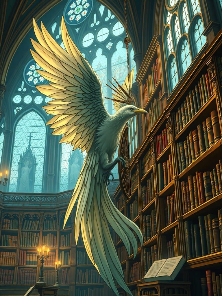 Lyrebird in Gothic Library, Renaissance Painting Style
