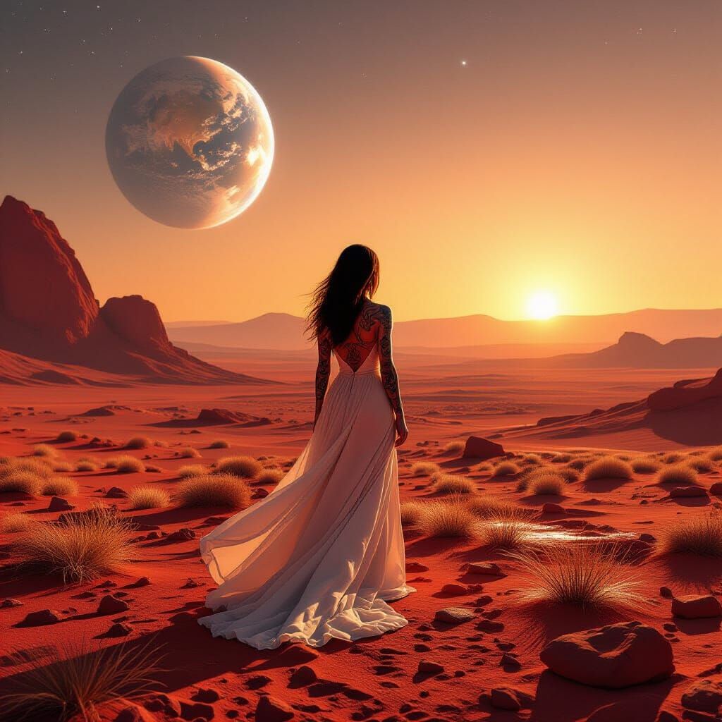 Girl Gazes at Martian Dawn with Earth in the Sky