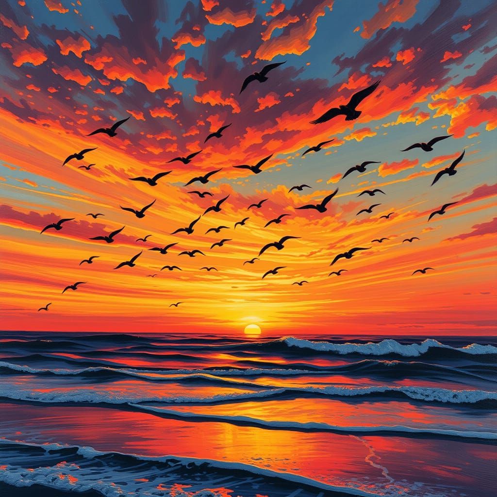 Surreal Sunset Over Endless Ocean with Majestic Birds