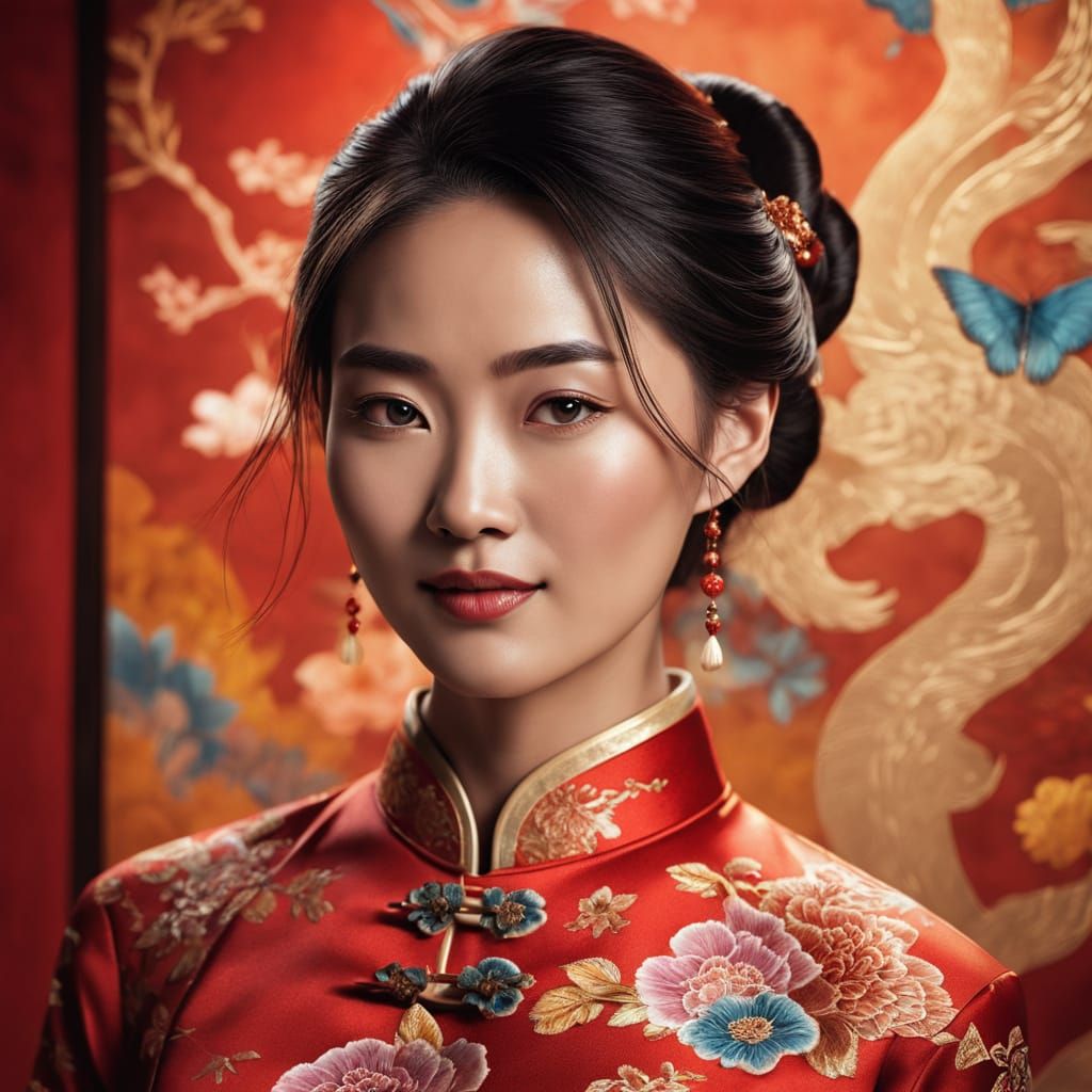 Sino-Western Fusion Portrait in Vibrant Red Qipao Dress