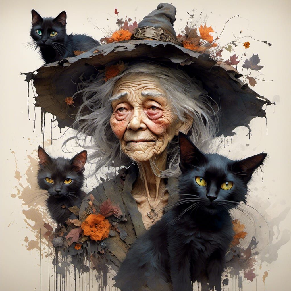 Scraggly Old Witch with Her Black Cats