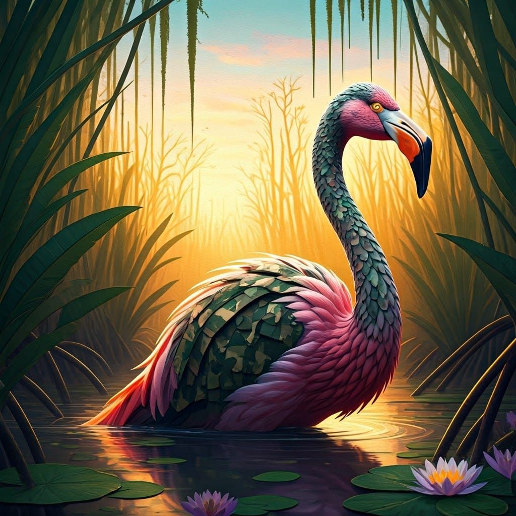 Hyperrealistic Flamingo in Stealth Mode, Everglade Scene