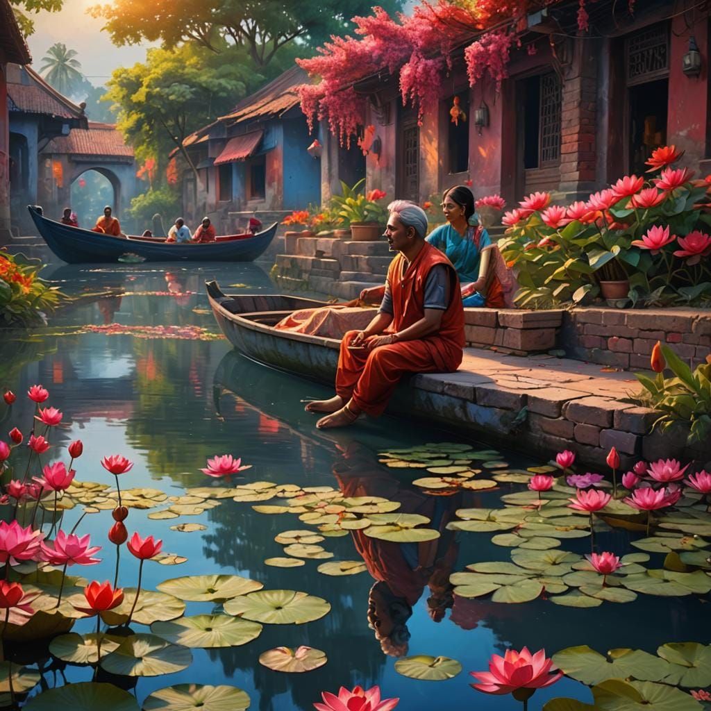 Indian Couple by Canal in Colorful Digital Painting