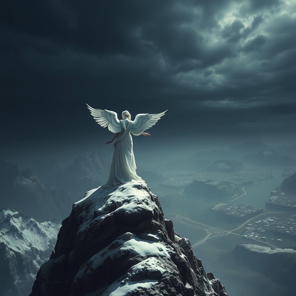 Hyperrealistic Angel Observes Humanity's Doom