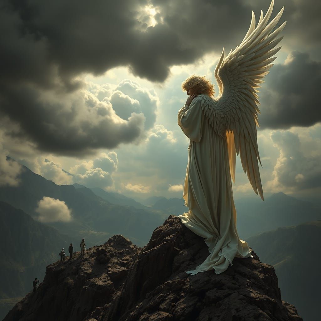 Melancholic Angel Observes Doomed World: Hyperrealistic Imag...