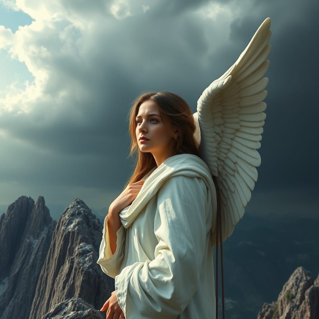 Hyperrealistic Angel Observes Humanity's Downfall