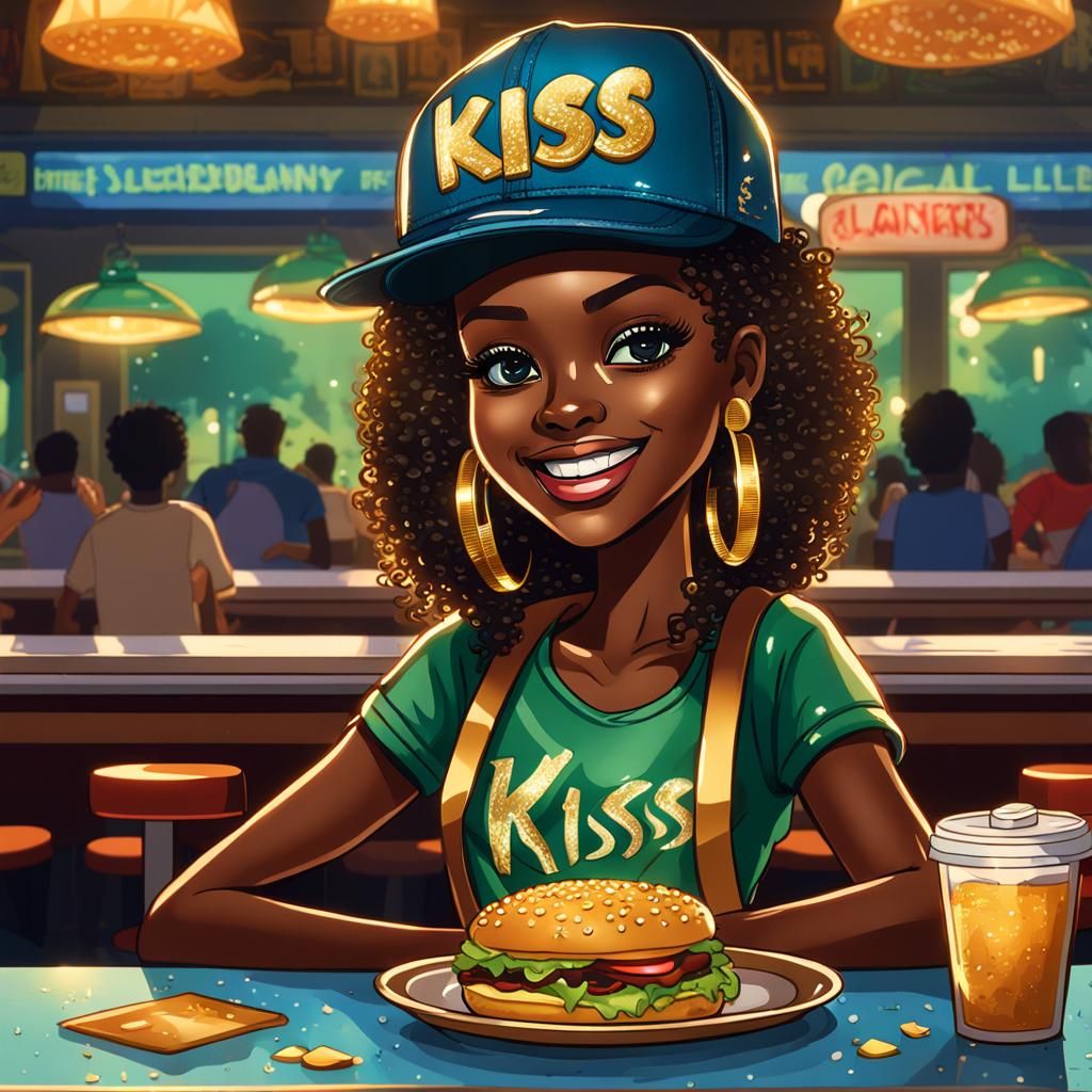 Chibi Woman in Diner Eating Hamburger, Digital Art