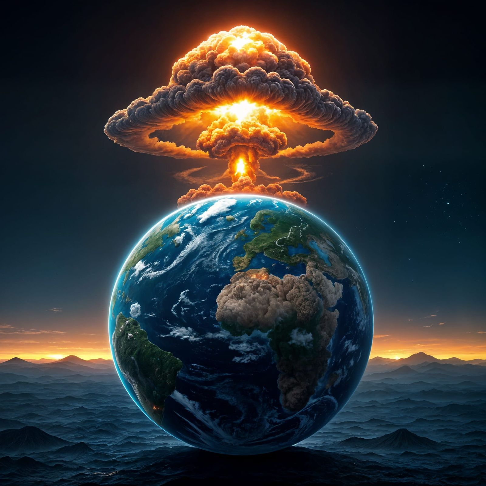 Cartoon Earth with Mushroom Cloud: Digital Matte Painting