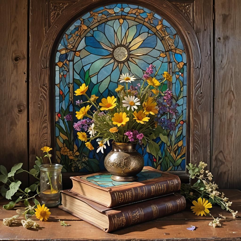 Moonlit Book with Flowers in Anime Style