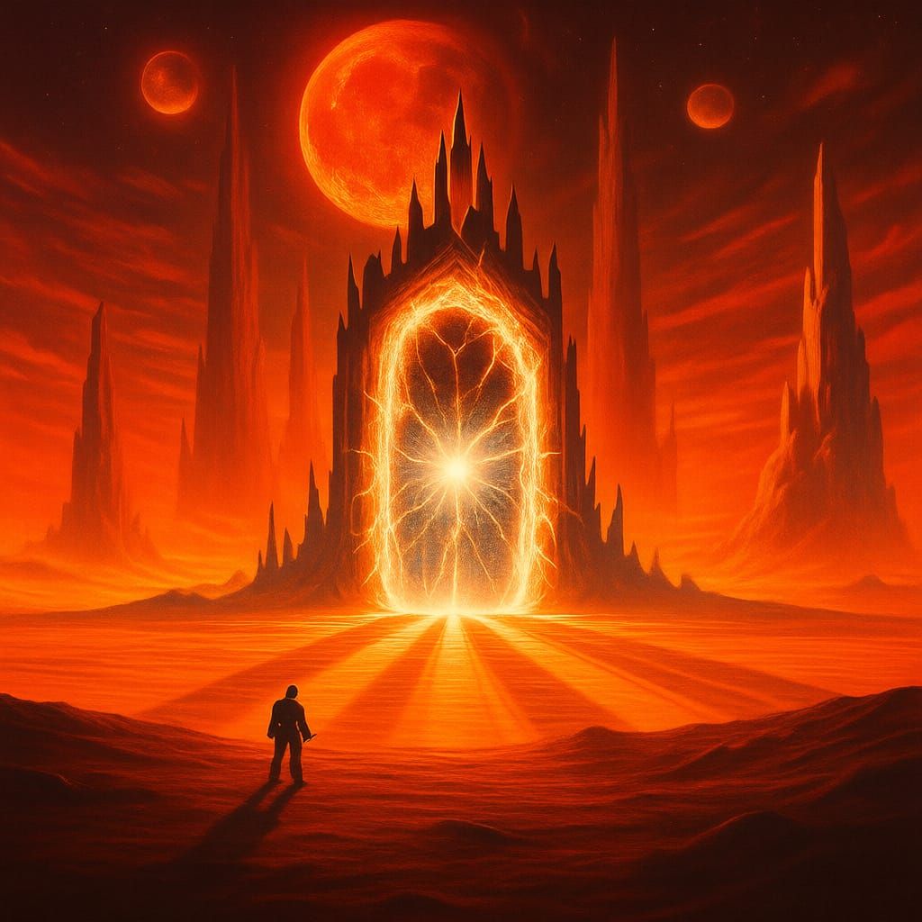 Adventurers Gaze at Cosmic Portal in Fantasy Landscape