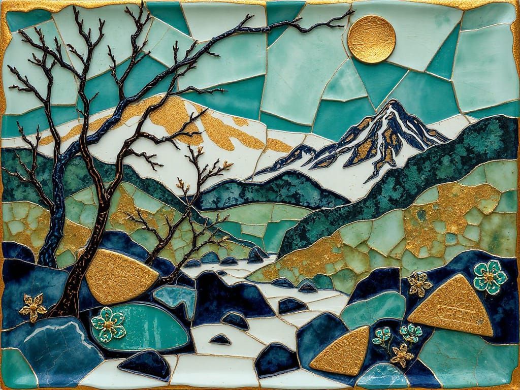 Kintsugi Spring Landscape with Gold Leaf