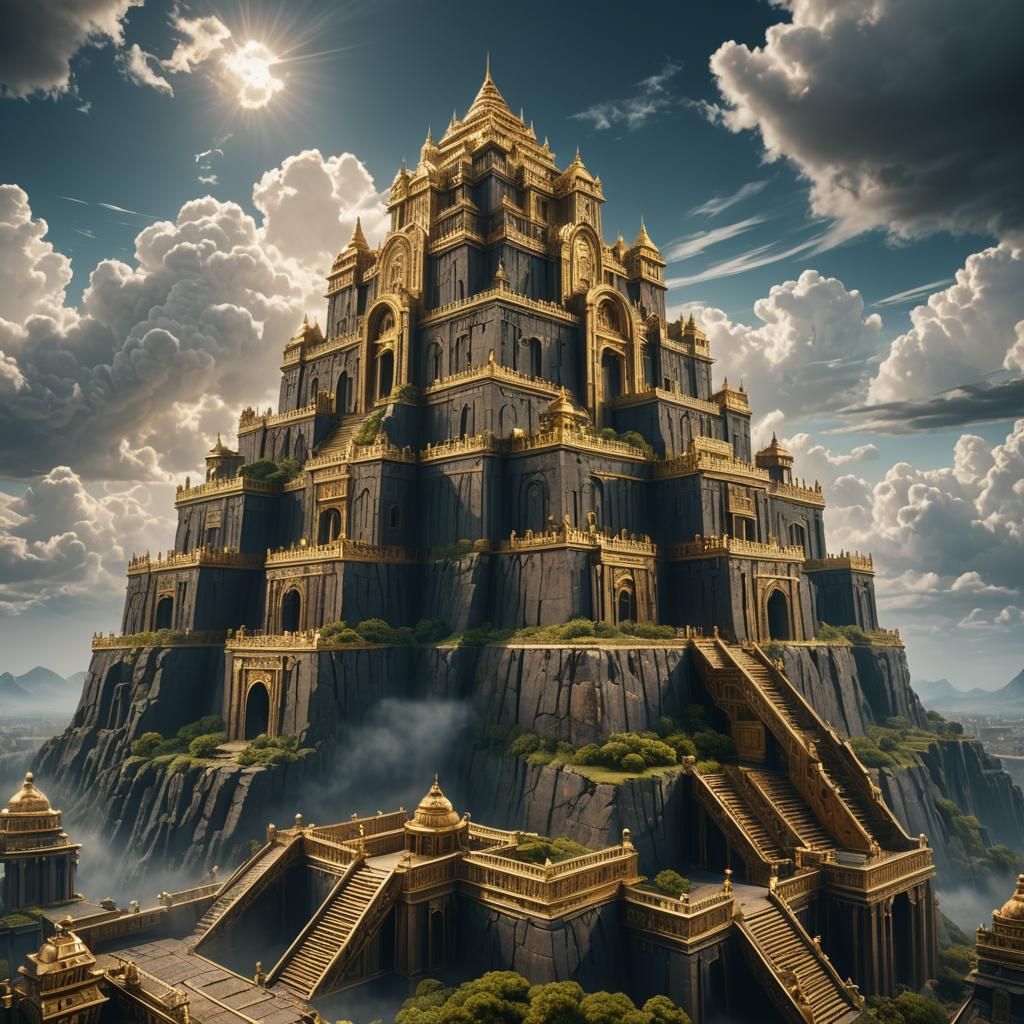 Golden Ziggurat on Cloudy Sky: Fantasy Concept Art