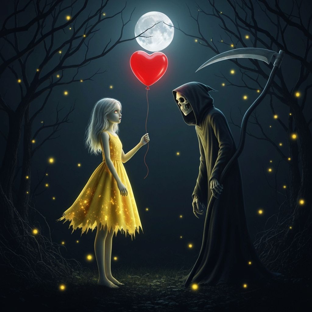 Ethereal Girl Confronts Grim Reaper with Glowing Balloon