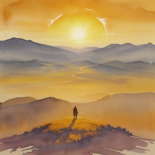 Lone Knight at Golden Hour in Watercolor Style