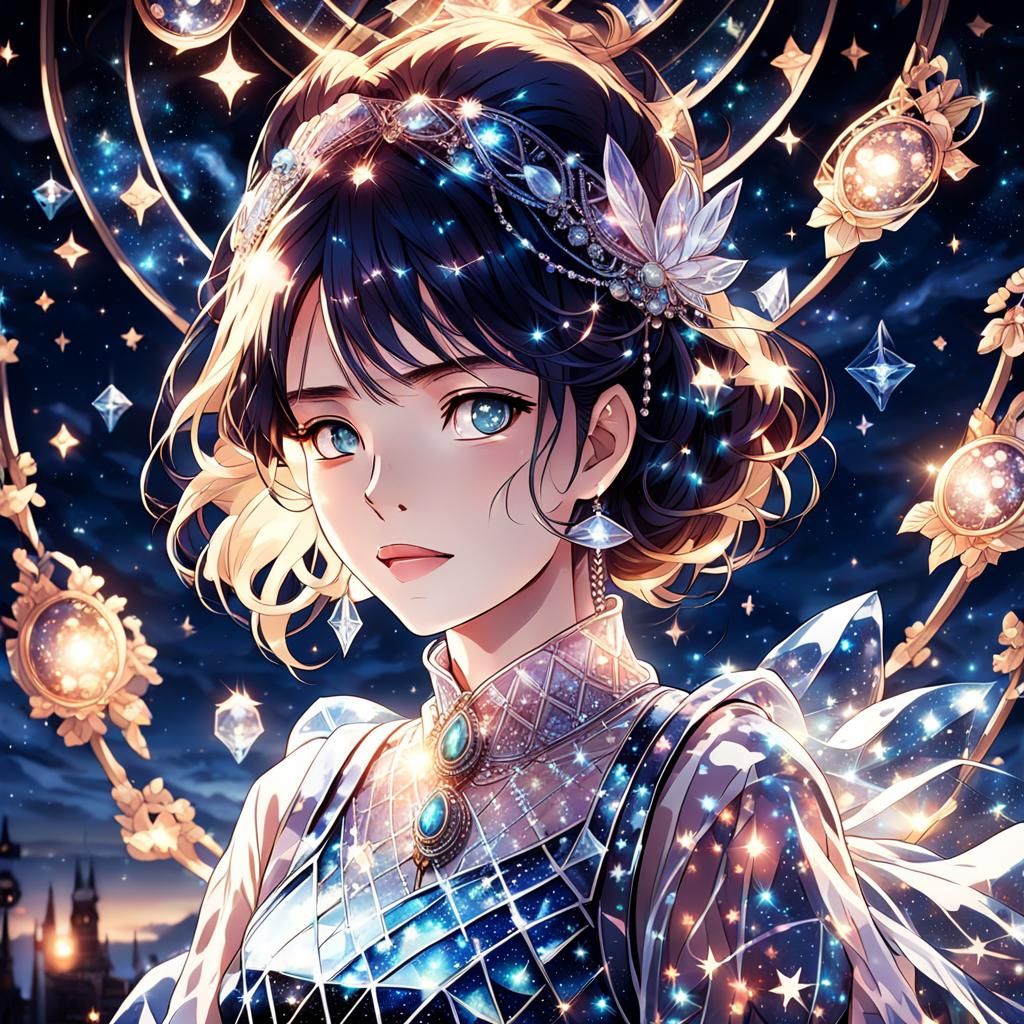 Woman in Glass Dress: Cel-Shaded Anime Portrait