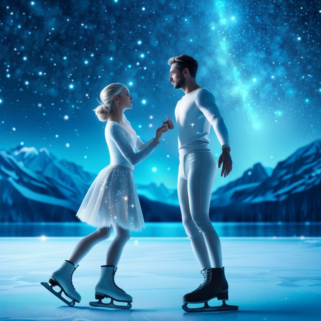 Happy Couple Skating Under the Milky Way