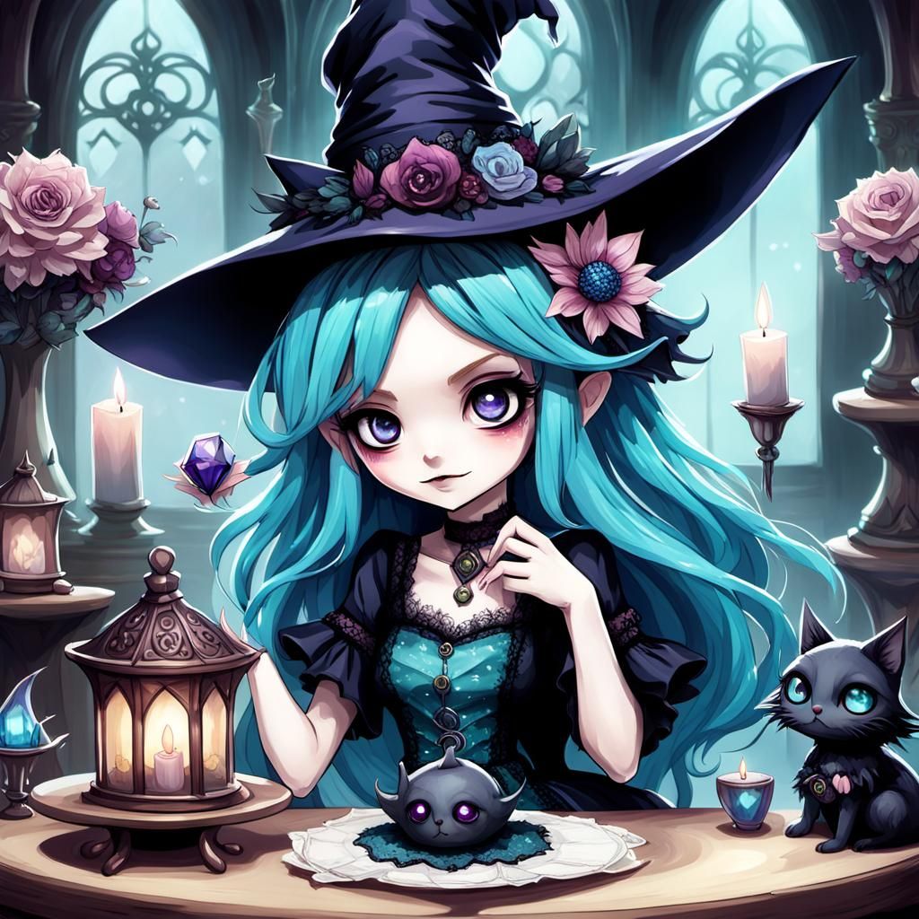 Mystical Chibi Witch in Enchanting Castle Scene