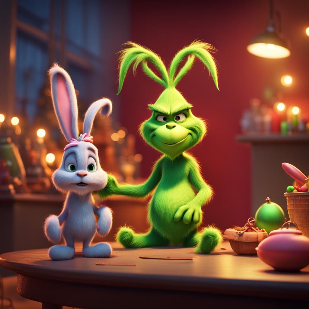 The Grinch Stealing Easter Bunny: 3D Digital Art