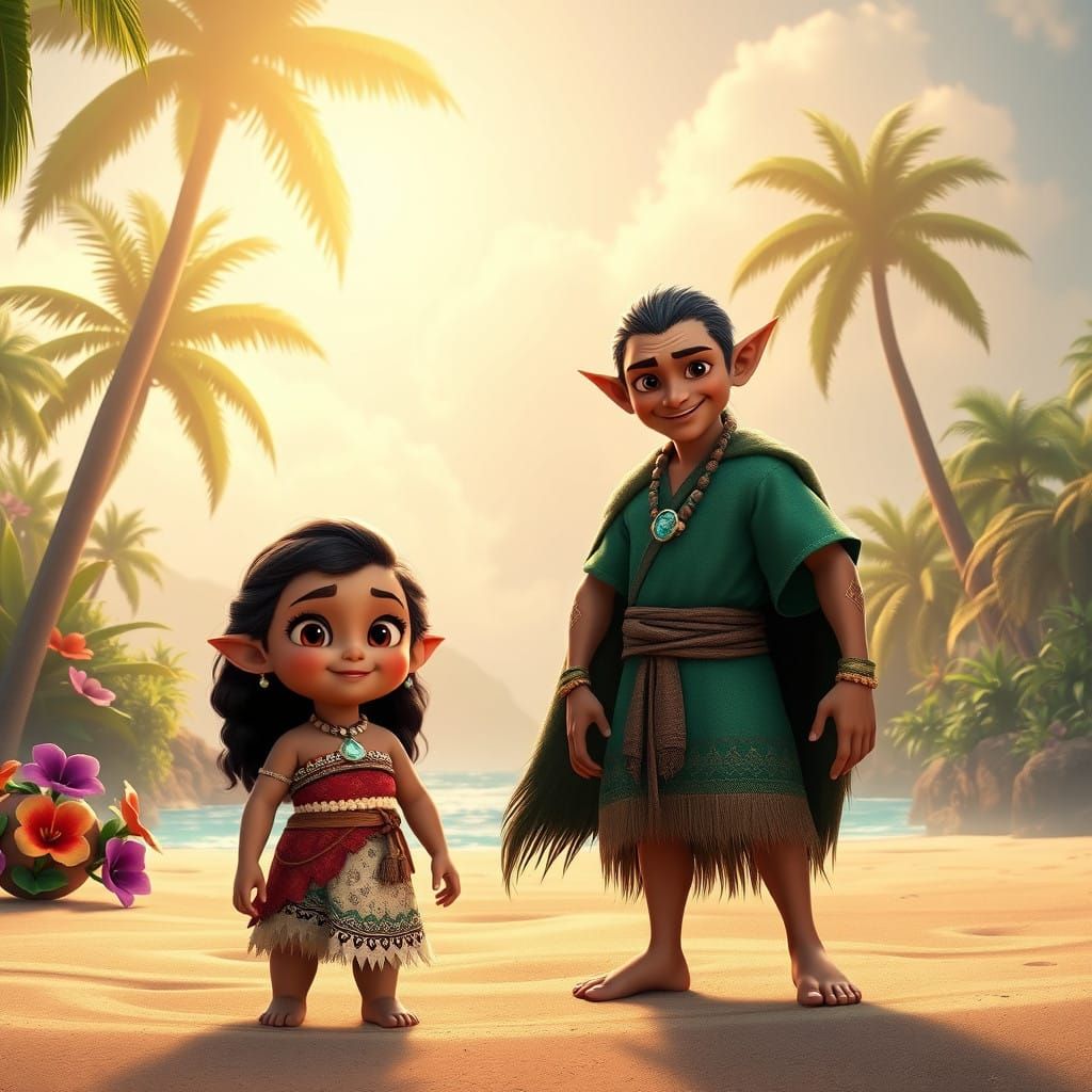 Whimsical Moana and Elf Island Scene in Fantasy Art Style