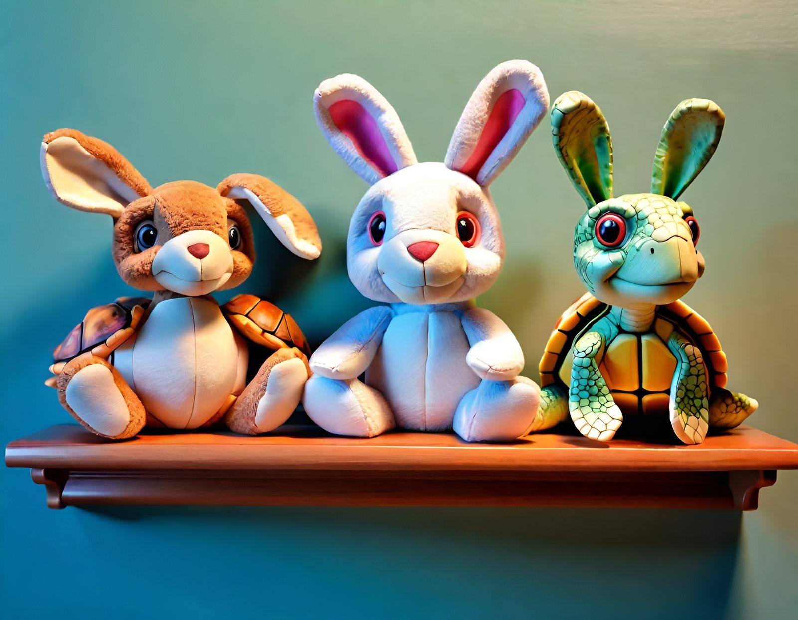 Three stuffed animals on a shelf bunny, teddy bear, and a turtle, detailed painting  dynamic lighting hyperrealism 3D sh...