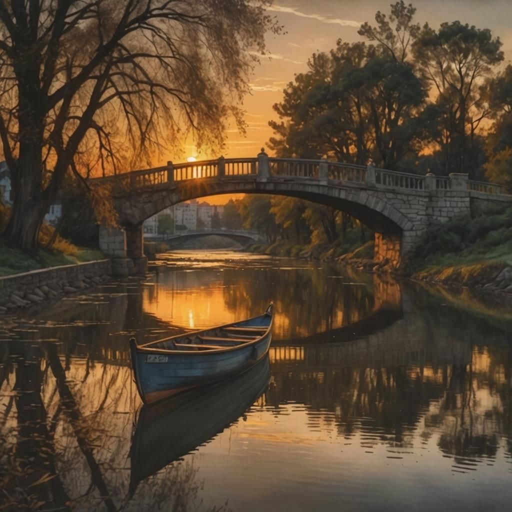 Sunset Bridge in Watercolor with Ethereal Lighting