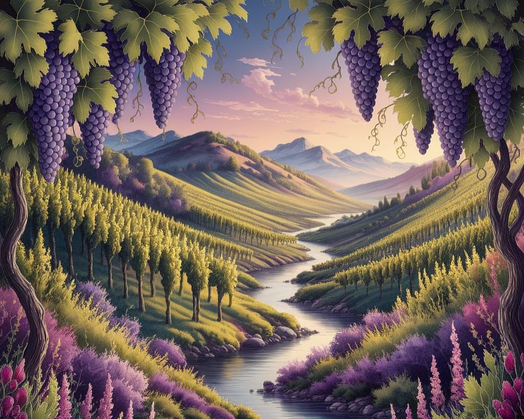 Lush Vineyard Landscape in Maximalist Impressionist Style