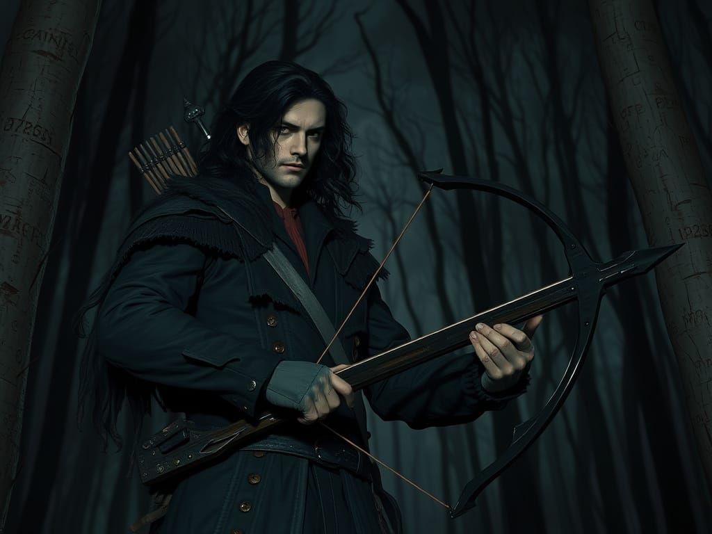 Medieval Hero Van Helsing Saves Damsel in Dark Woodland Scen...