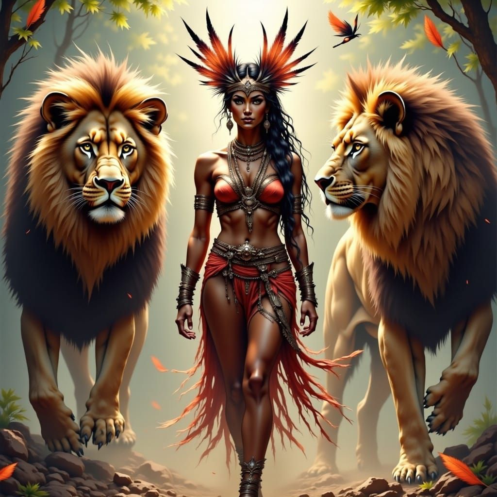 Tribal Woman Walking with Lions