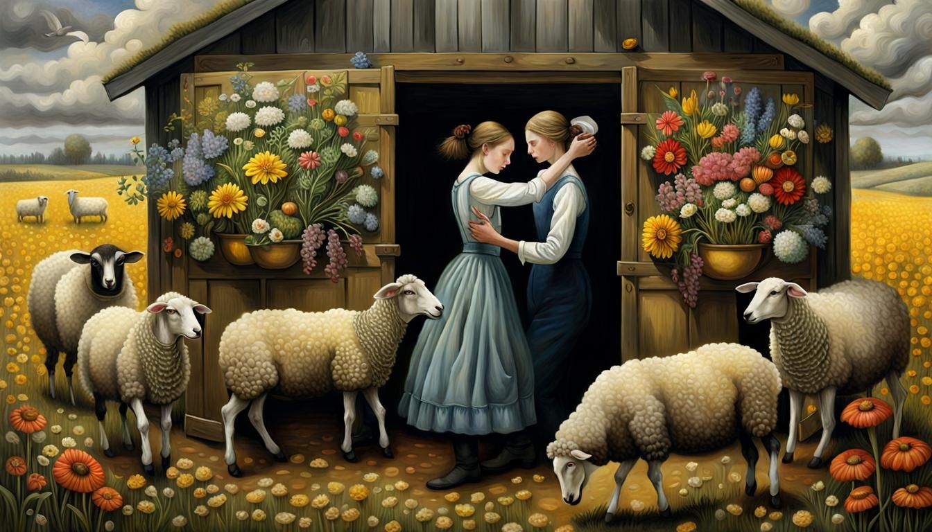 Surreal Sheep Tango in Floral Shed: A Digital Fairytale