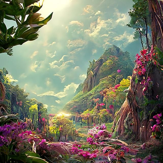 Lush Valley with Vibrant Flora, Digital Painting