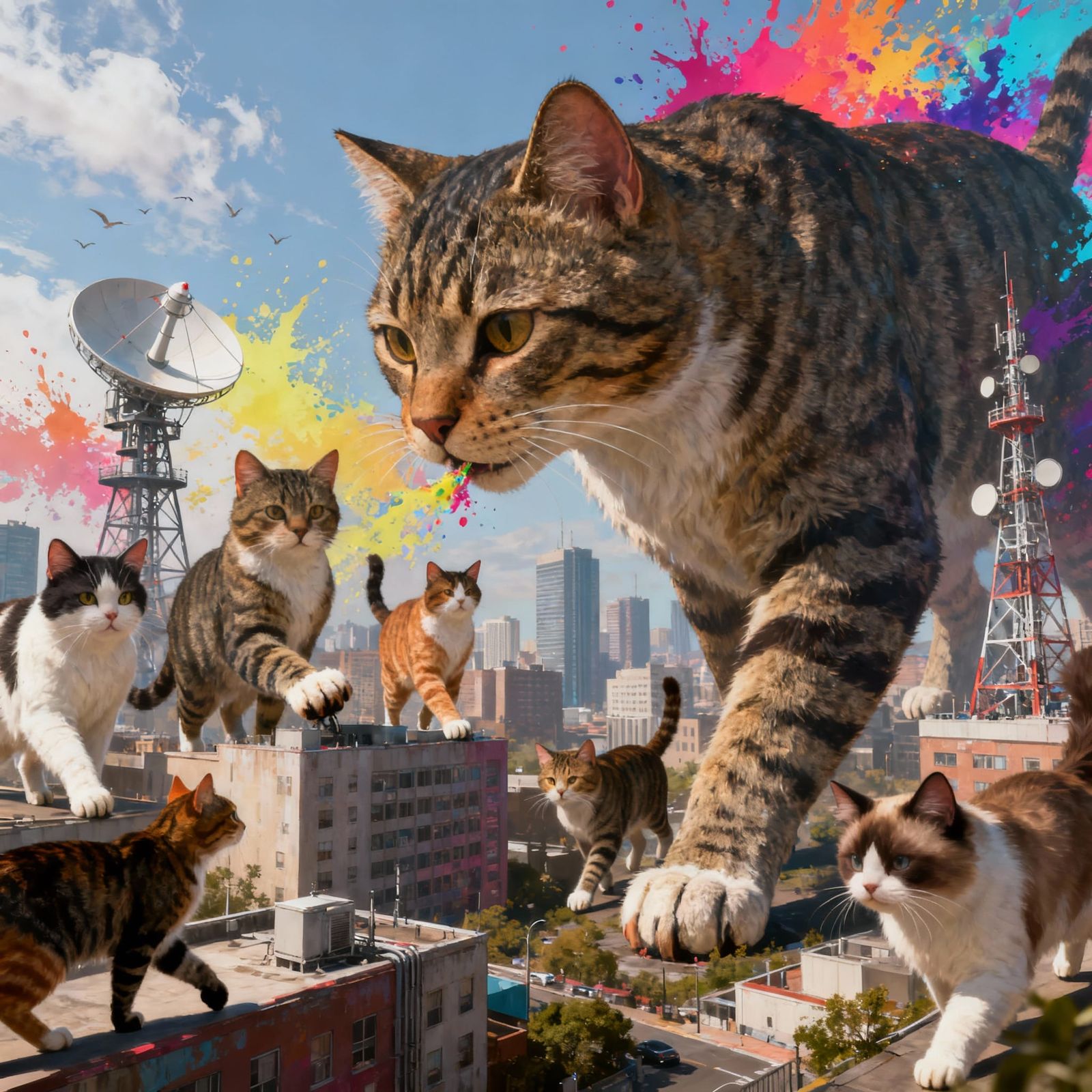 Giant Cats Conquer Cityscape in Hyperrealistic Splash Art