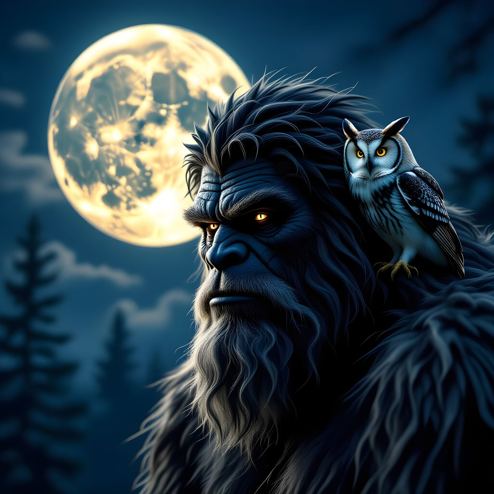 Hyperrealistic Bigfoot with Owl Under Full Moon