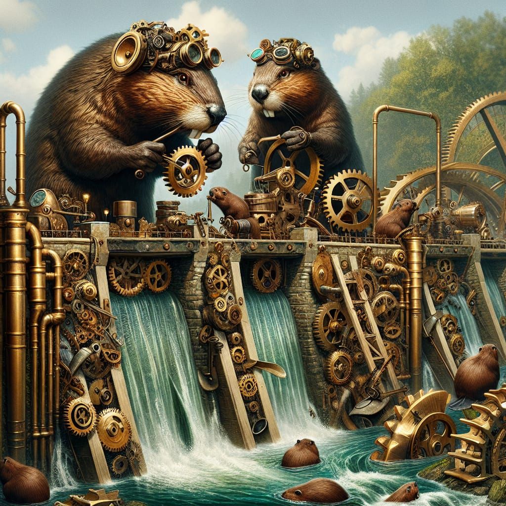 Steampunk Beavers Build Dam in Bright Sunshine