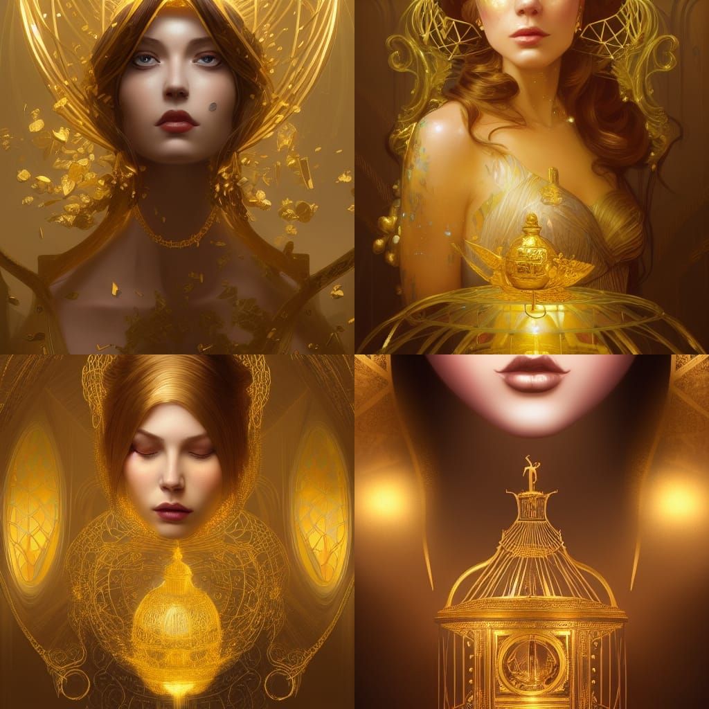 Woman in Gold Birdcage: Detailed Art Portrait