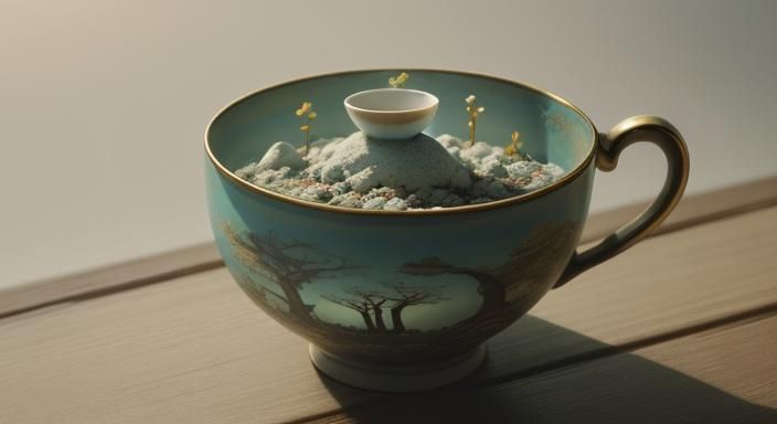 Mythological World in Antique Teacup: Cinematic Still