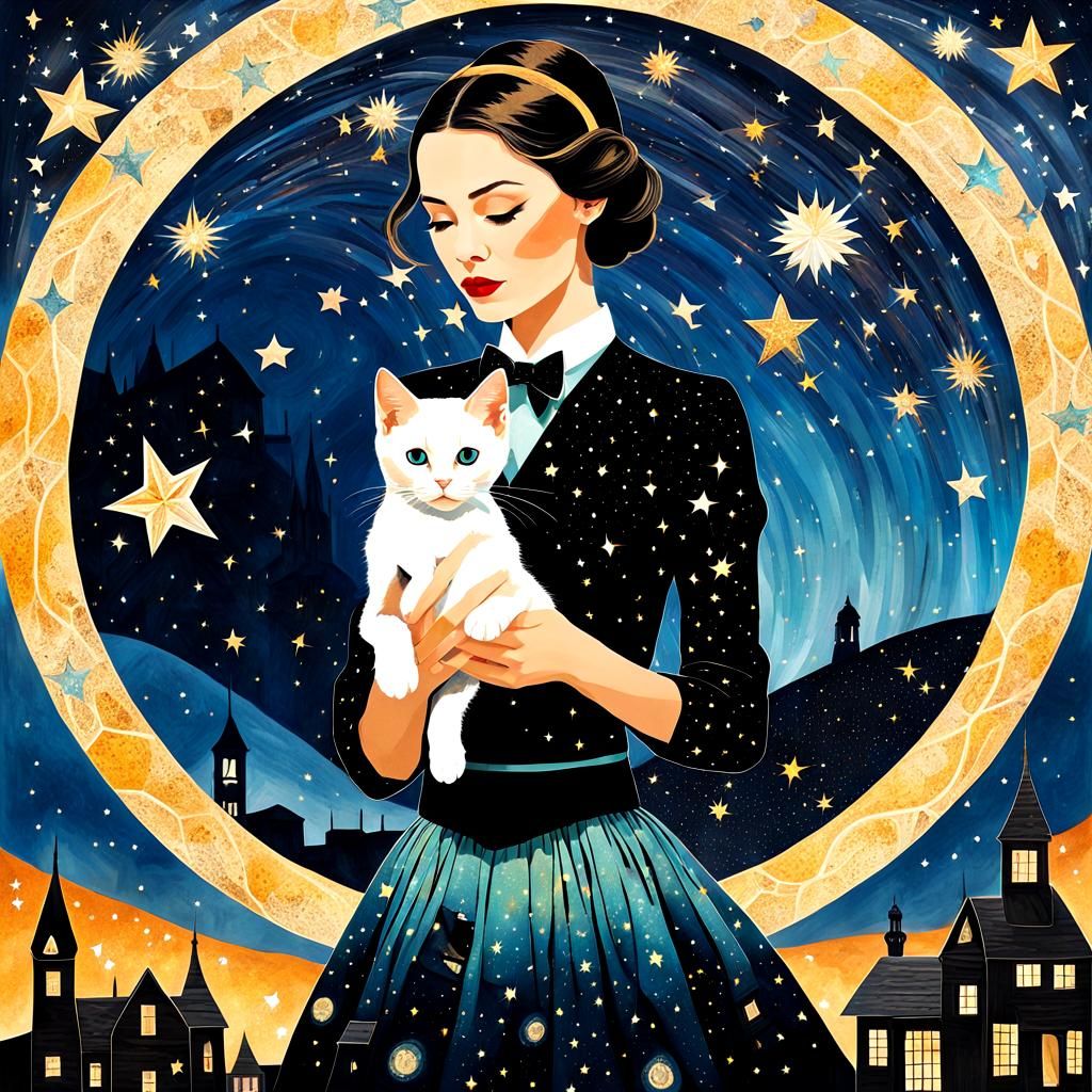 Beautiful Woman and Her Cat.