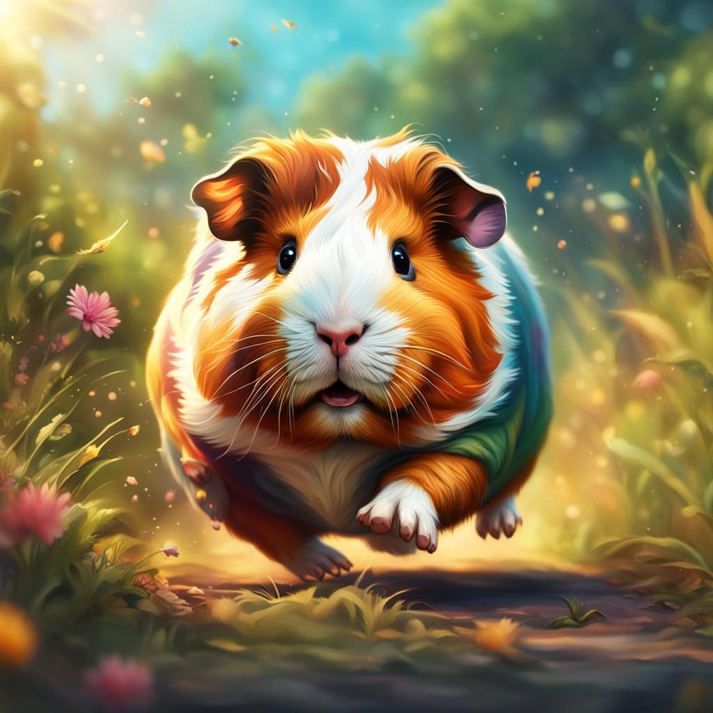 Happy Guinea Pig Running: Hyperrealistic Splash Art