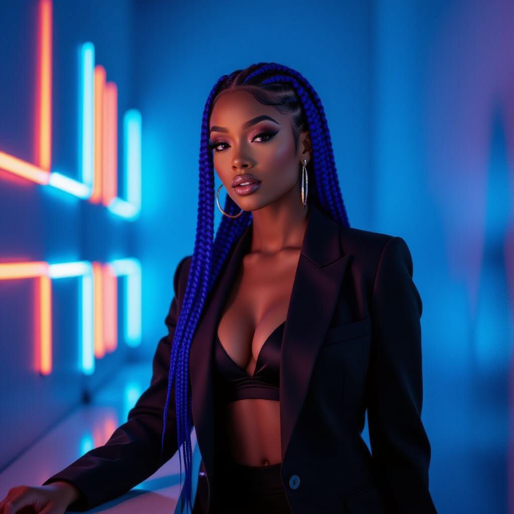 Black R&B Artist Poses Confidently with Royal Blue LED Walls