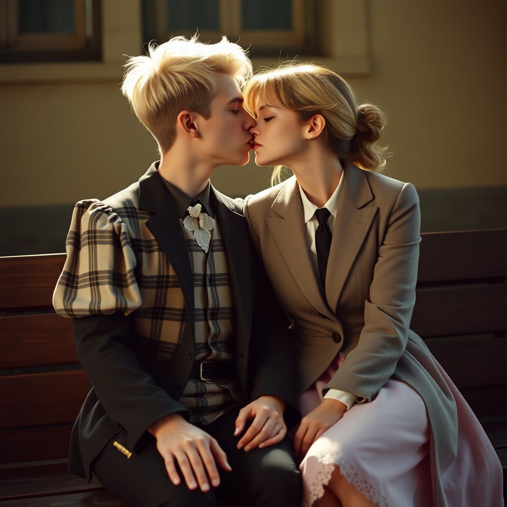 Elegant Crossdresser Couple Share Tender Kiss in Soft Pastel...