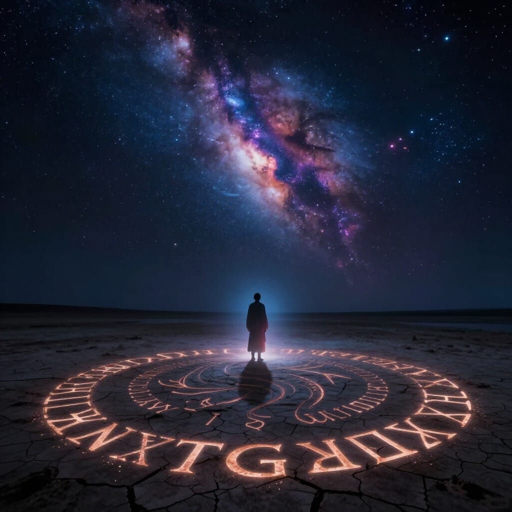 Lone Figure in Cosmic Night, Rune-Etched Plain