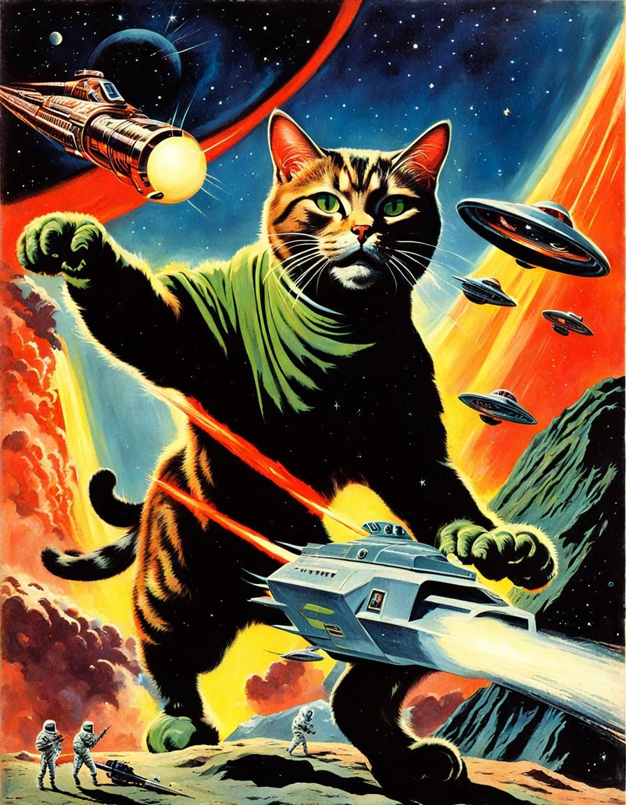 Space Cat Battles Alien Menace: Retro Sci-Fi Art