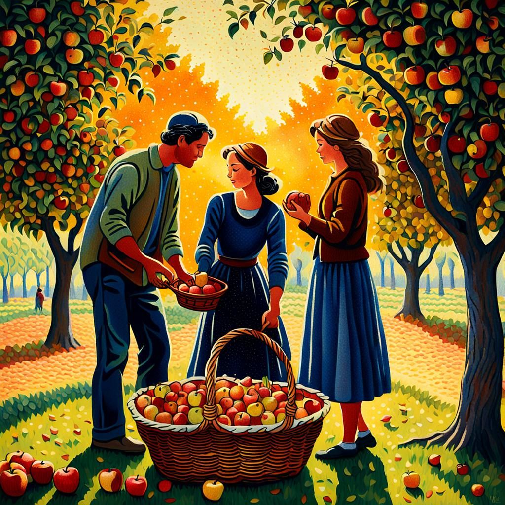 Apple Picking in Orchard, Pointillism Style