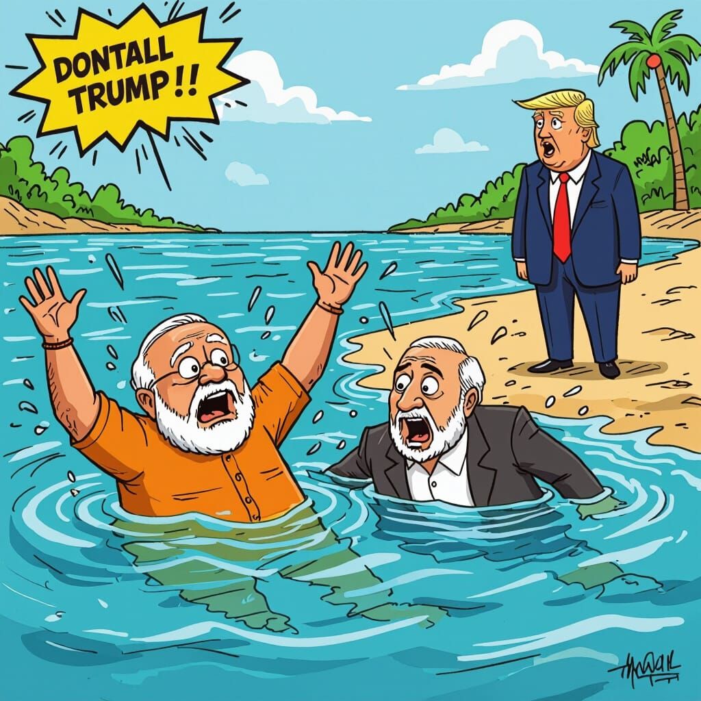 Cartoon of Leaders Sinking Together, Trump Watches