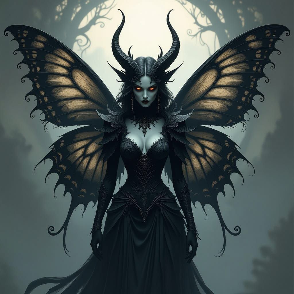 Terrifying Demon Butterfly Woman in Chiaroscuro Style