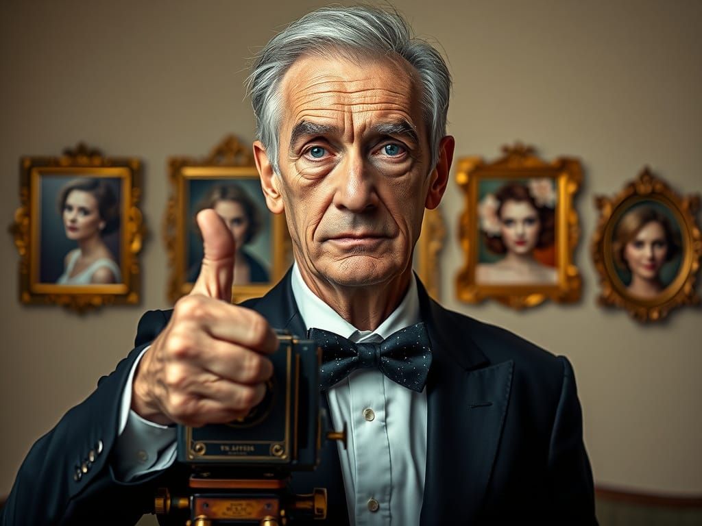 Distinguished Gentleman Reviews Vintage Camera in Formal Att...