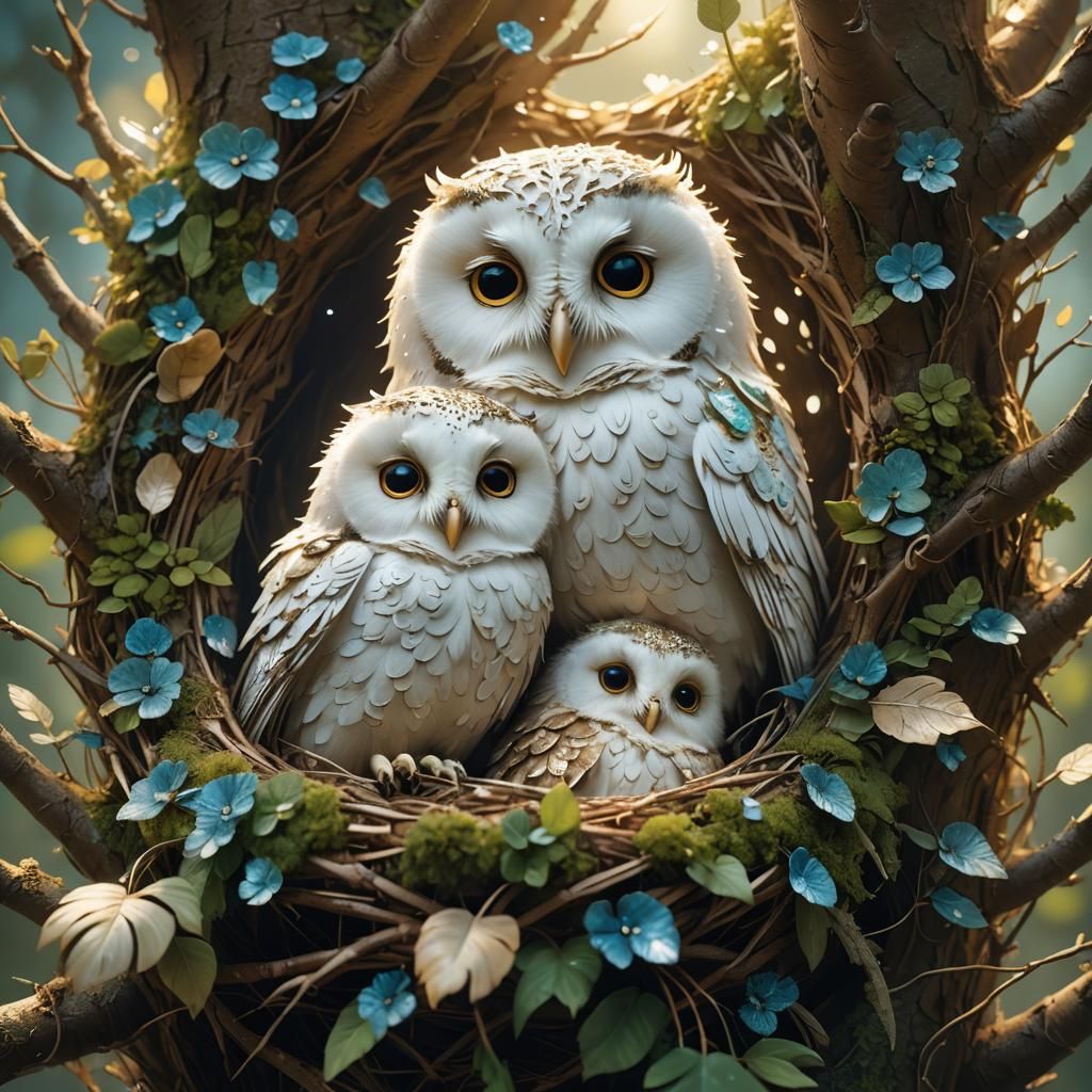Whimsical Owls in a Nest: Matte Painting