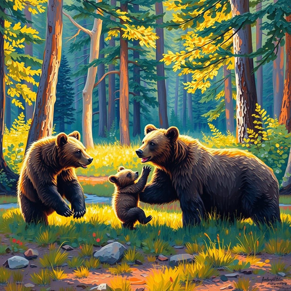 Impasto Bears in Sunlit Forest Clearing