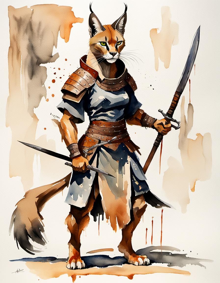 Caracal Warrior in Sumi-e Painting Style