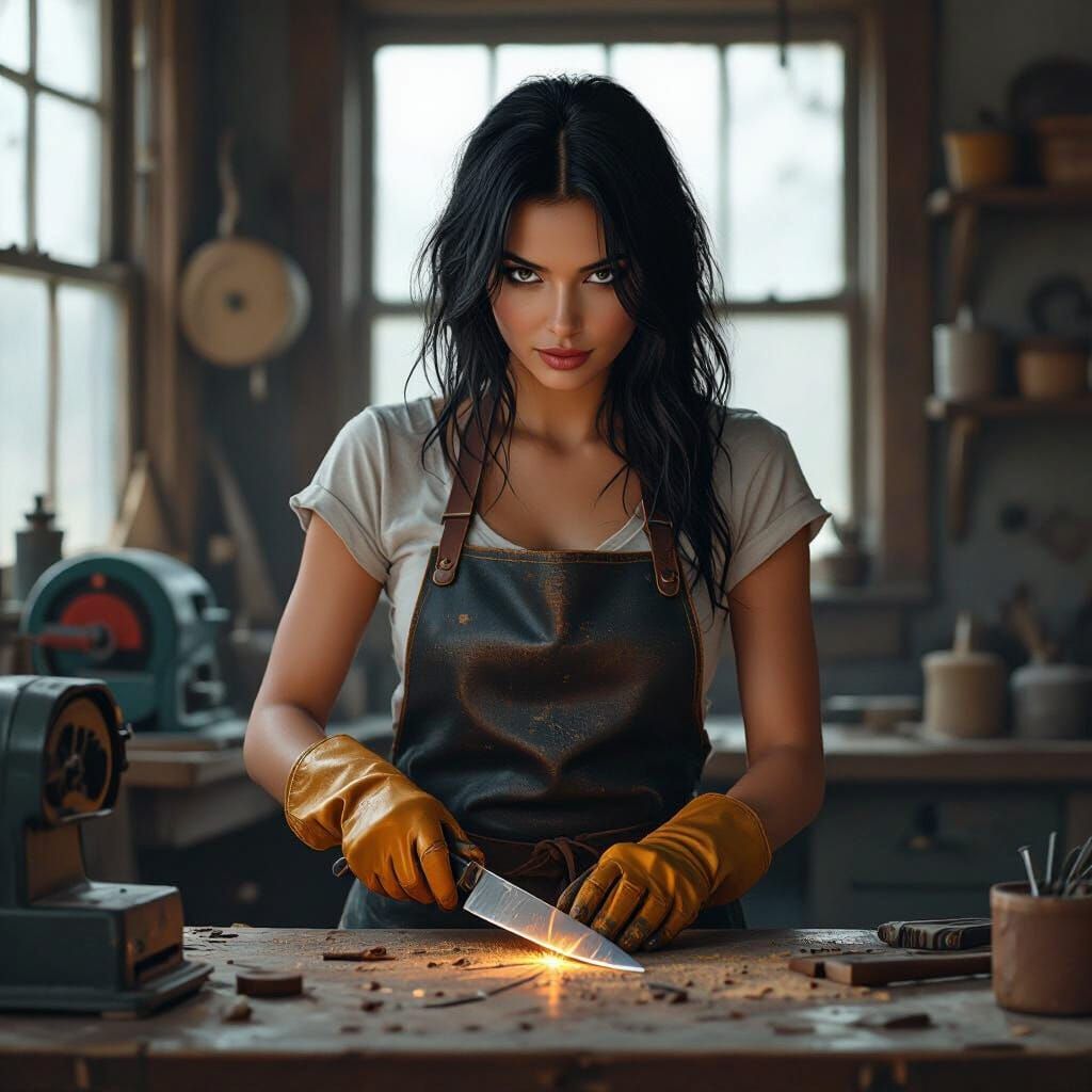 Leather Apron: Woman Sharpens Knife in Workshop